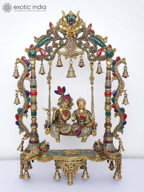29" Radha-Krishna Kirtimukha Swing with Bells Brass Statue Handmade
