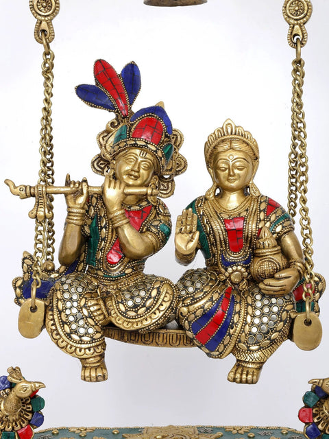 29" Pair of Radha-Krishna on Kirtimukha Swing with Bells | Brass with Inlay Work