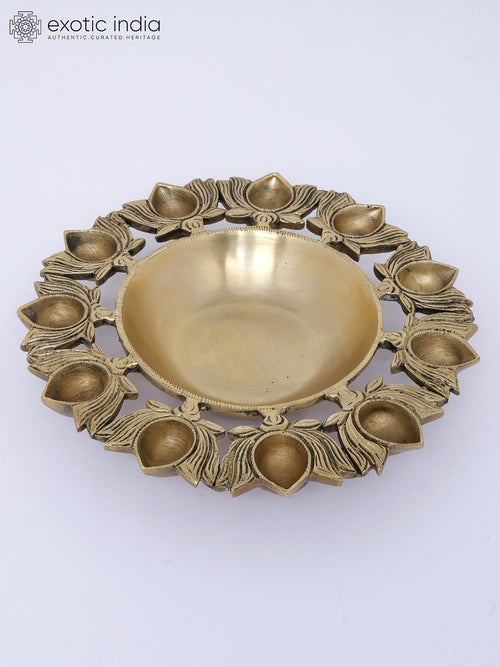 9" Designer Brass Urli with Eleven Lotus Diyas for Pooja