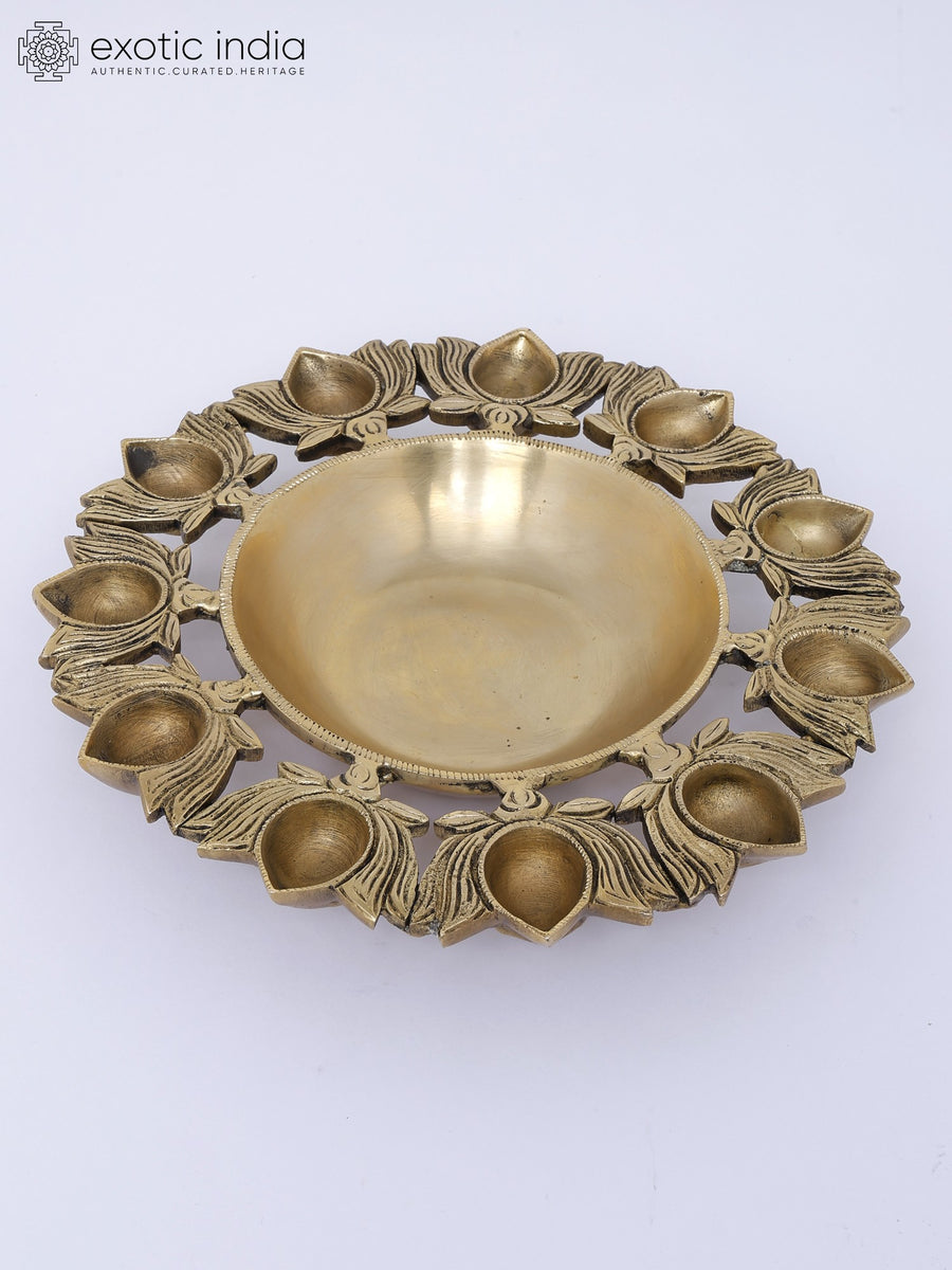 9" Designer Brass Urli with Eleven Lotus Diyas for Pooja