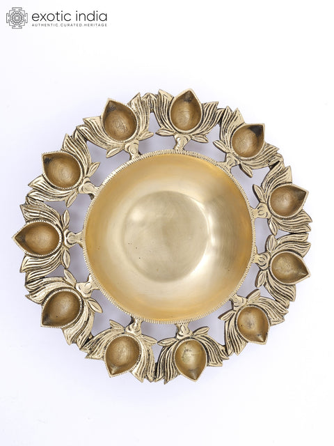 9" Designer Brass Urli with Eleven Lotus Diyas