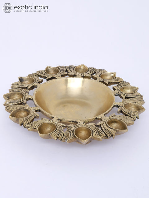 9" Designer Brass Urli with Eleven Lotus Diyas