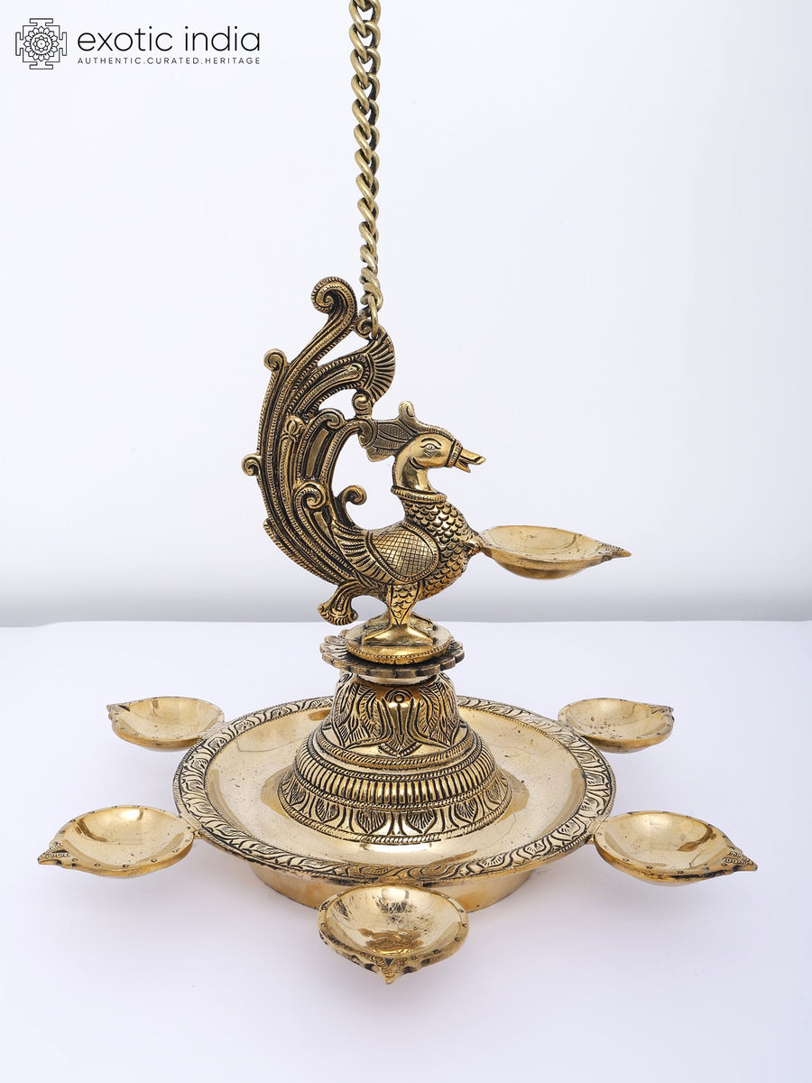 14" Brass Seven Wicks Peacock Wall Hanging Lamp for Pooja