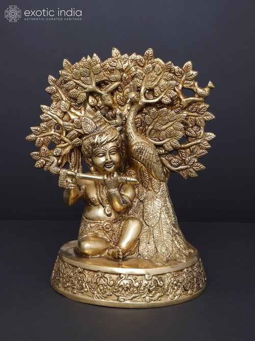 8" Bal Gopal Fluting Under Tree with Peacock Brass Statue