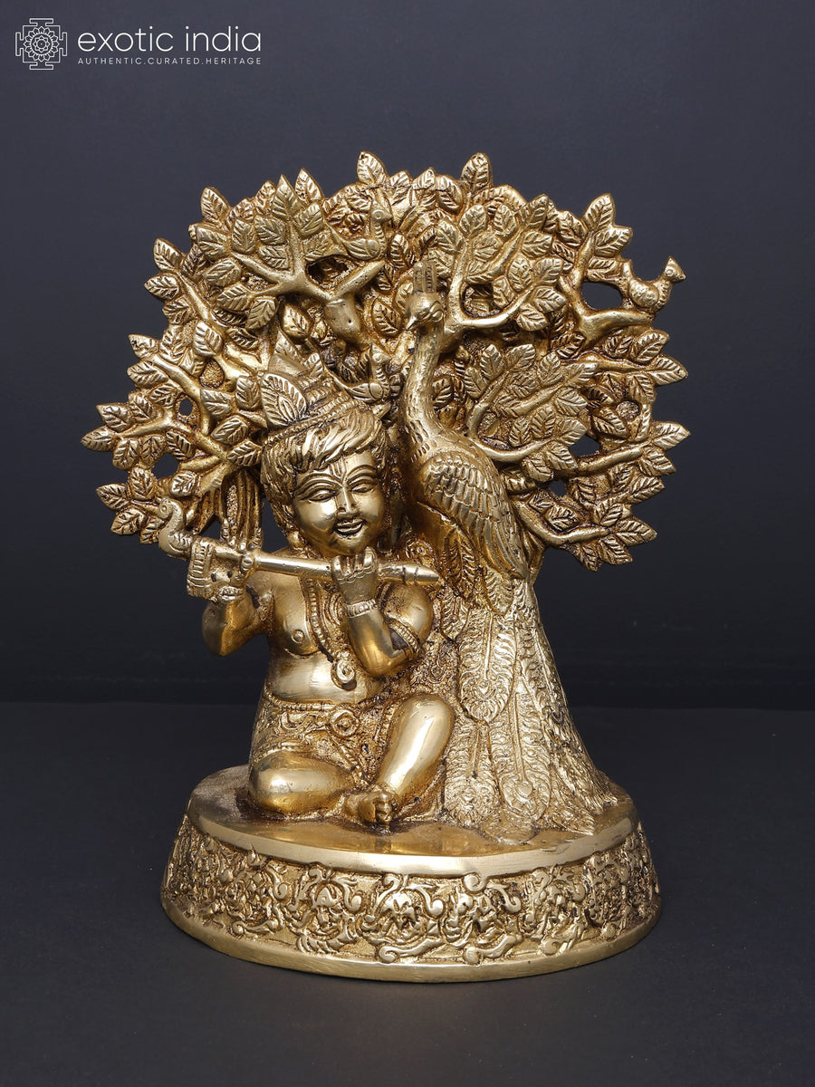 8" Bal Gopal Fluting Under Tree with Peacock Brass Statue