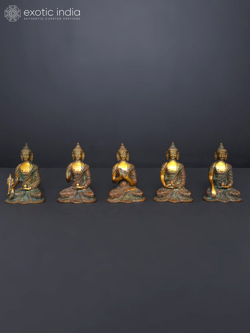 3" Set of Five Dhyani Buddhas Brass Statues for Meditation