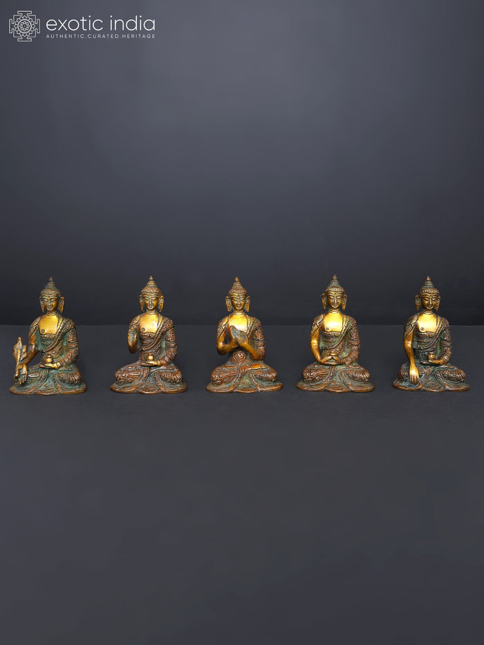 3" Set of Five Dhyani Buddhas Brass Statues for Meditation