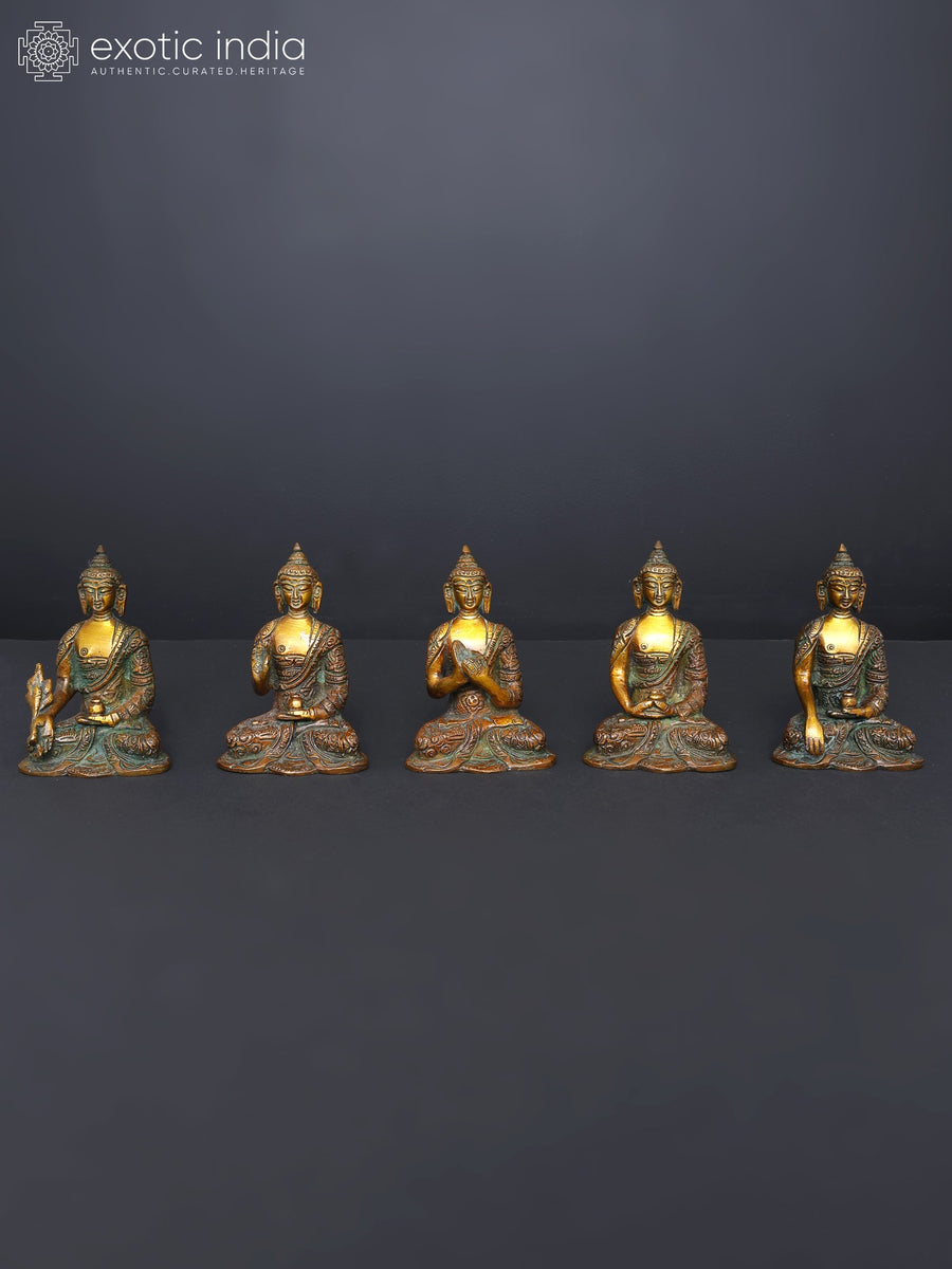 3" Set of Five Dhyani Buddhas Brass Statues for Meditation