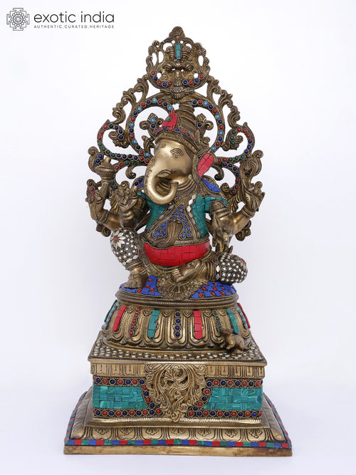 20" Lord Ganesha Brass Statue with Kirtimukha Pedestal and Inlay Work