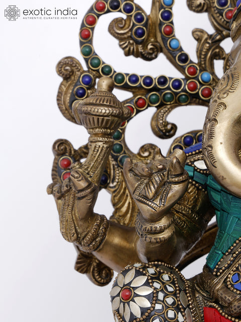 20" Lord Ganesha Seated on High Pedestal with Kirtimukha | Brass Statue with Inlay Work