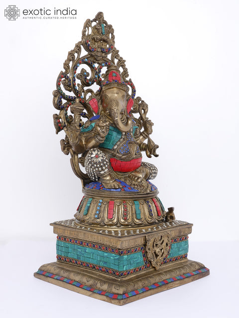20" Lord Ganesha Seated on High Pedestal with Kirtimukha | Brass Statue with Inlay Work