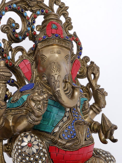 20" Lord Ganesha Seated on High Pedestal with Kirtimukha | Brass Statue with Inlay Work