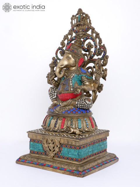 20" Lord Ganesha Seated on High Pedestal with Kirtimukha | Brass Statue with Inlay Work