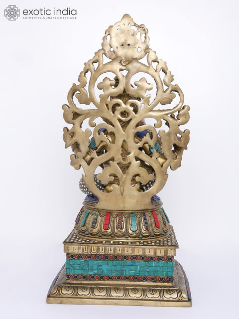 20" Lord Ganesha Seated on High Pedestal with Kirtimukha | Brass Statue with Inlay Work