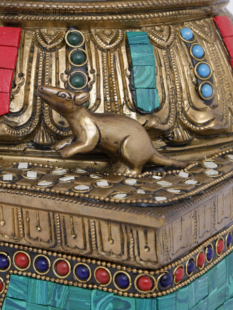 20" Lord Ganesha Seated on High Pedestal with Kirtimukha | Brass Statue with Inlay Work