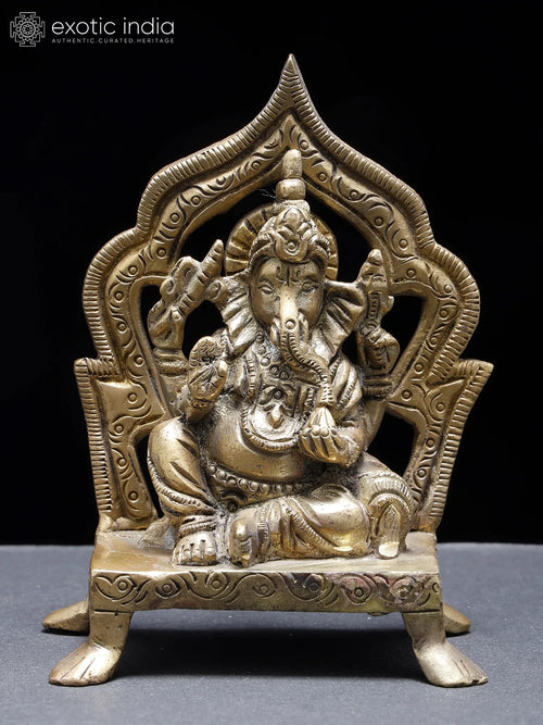 Blessing Lord Ganesha Seated on Throne Brass Statue