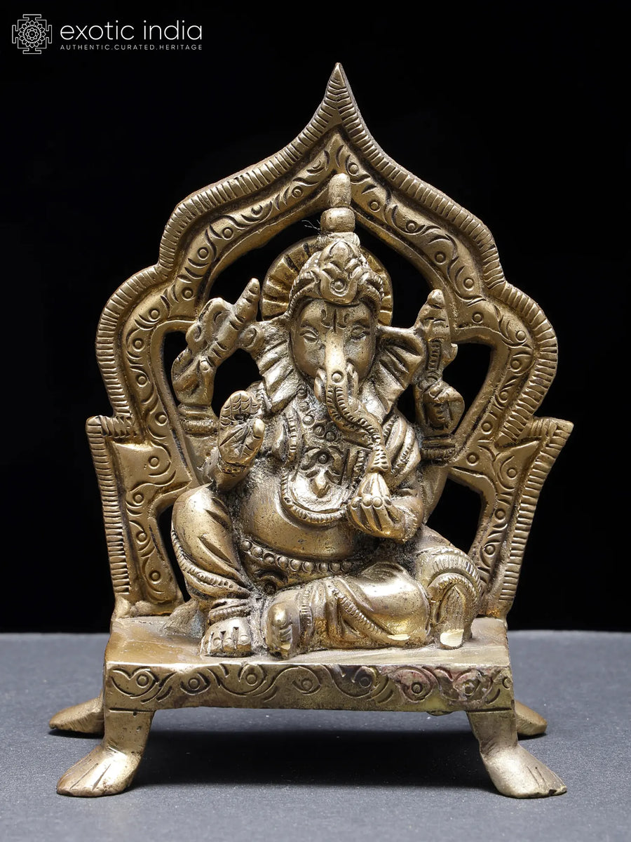Blessing Lord Ganesha Seated on Throne Brass Statue