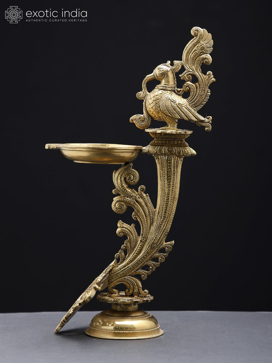 12" Designer Peacock Brass Lamp for Home Decor