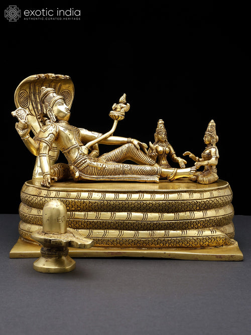 10" Shri Padmanabha Swamy Brass Statue - Handmade Lord Vishnu Idol