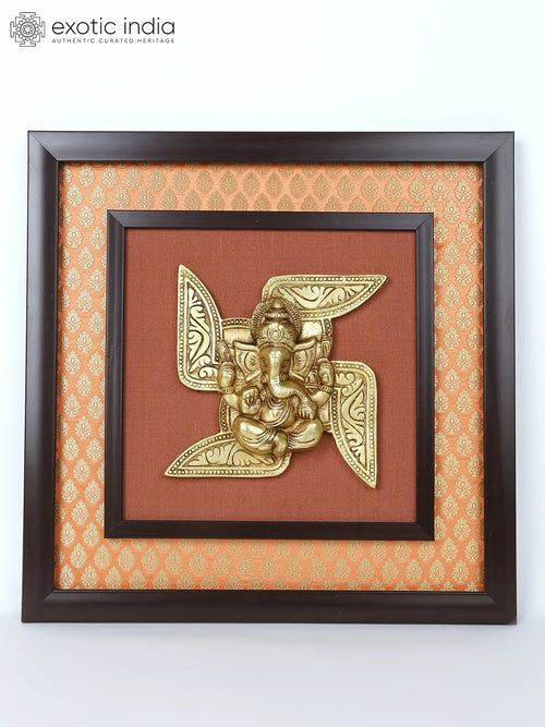 16" Swastik Ganesha Brass Wall Hanging Sculpture with Wood Frame