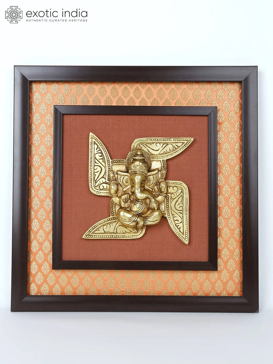 16" Swastik Ganesha Brass Wall Hanging Sculpture with Wood Frame