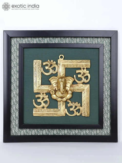 17" Blessing Ganesha with Om and Swastik Brass Wall Hanging Sculpture