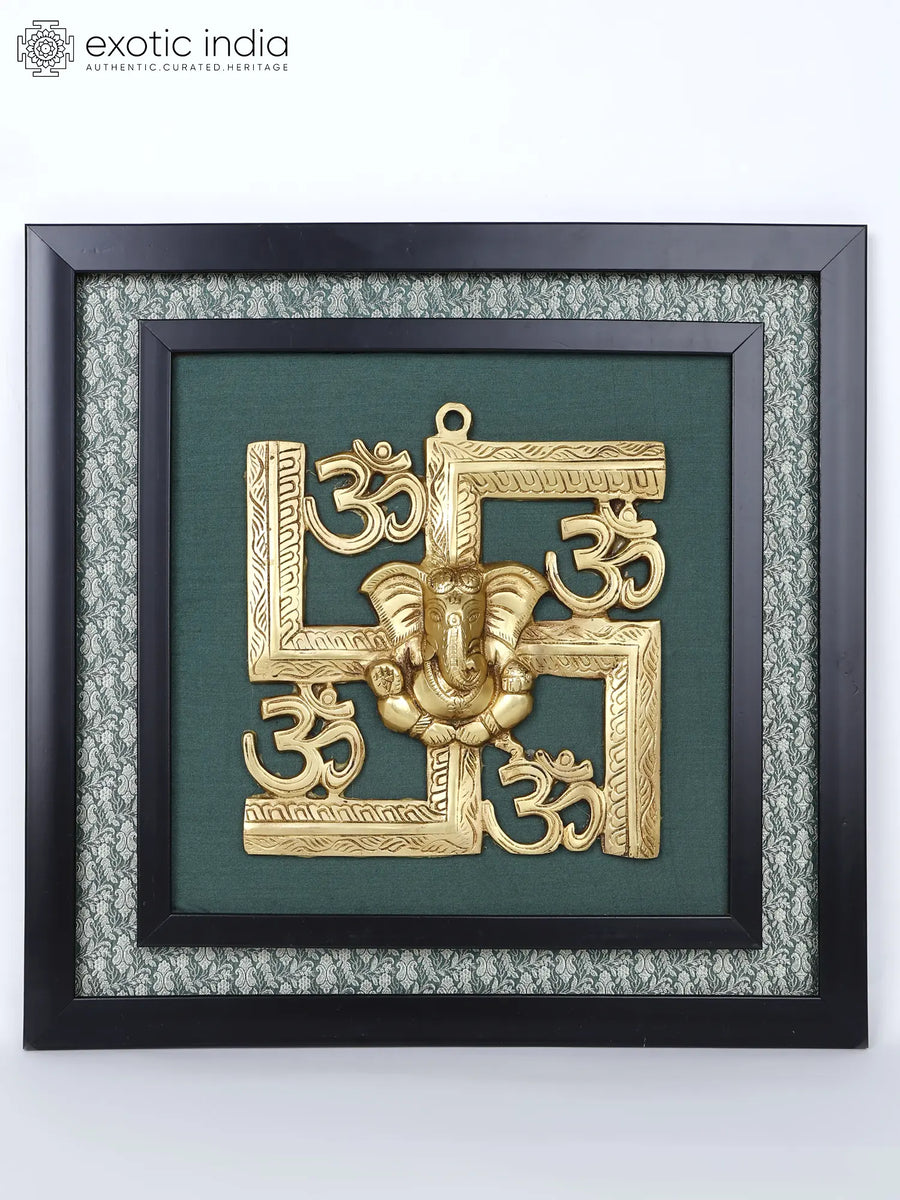 17" Blessing Ganesha with Om and Swastik Brass Wall Hanging Sculpture