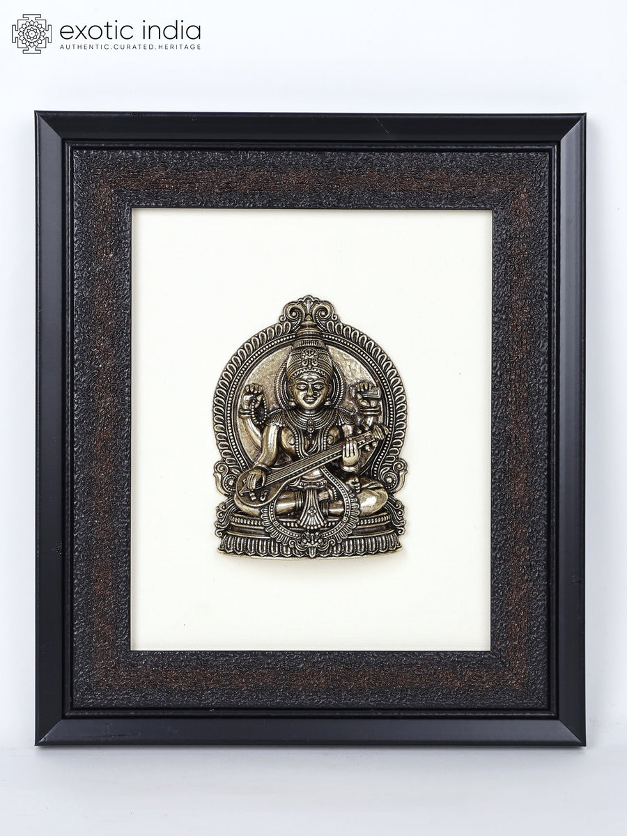 9" Handmade Goddess Saraswati Brass Sculpture with Wood Frame