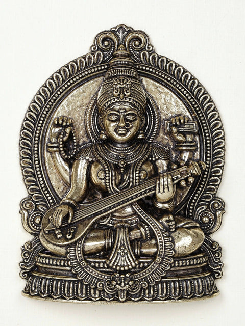 9" Superfine Sitting Goddess Saraswati | Wood Framed Brass Sculpture | Wall Hanging Decor