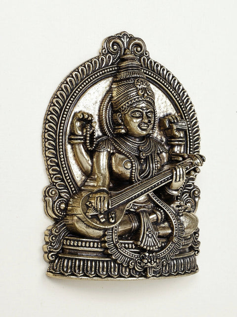 9" Superfine Sitting Goddess Saraswati | Wood Framed Brass Sculpture | Wall Hanging Decor