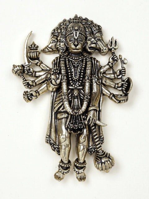 9" Superfine Standing Ten Armed Panchamukhi Hanuman | Wall Hanging Wood Framed Brass Sculpture