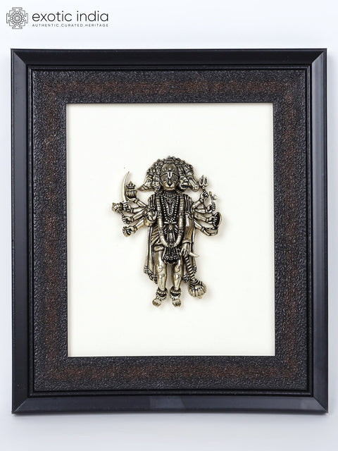 9" Superfine Standing Ten Armed Panchamukhi Hanuman | Wall Hanging Wood Framed Brass Sculpture