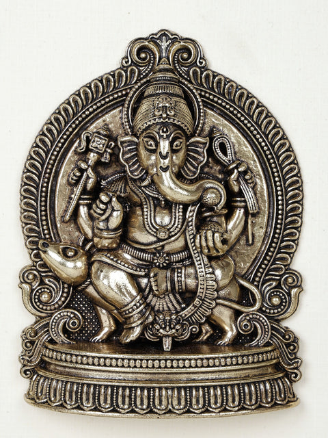 9" Superfine Lord Ganesha Seated on Mushak | Wood Framed Brass Sculpture | Wall Hanging Decor