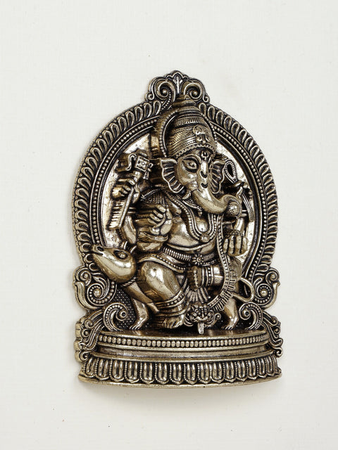 9" Superfine Lord Ganesha Seated on Mushak | Wood Framed Brass Sculpture | Wall Hanging Decor