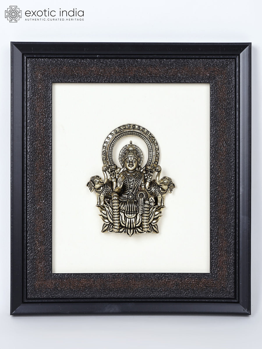 9" Handmade Goddess Gajalakshmi Brass Sculpture with Wood Frame