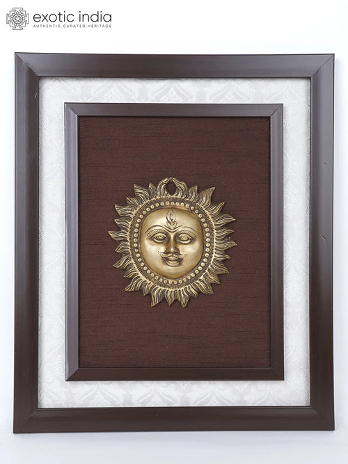16" Lord Surya Brass Sculpture Wood Framed Wall Hanging