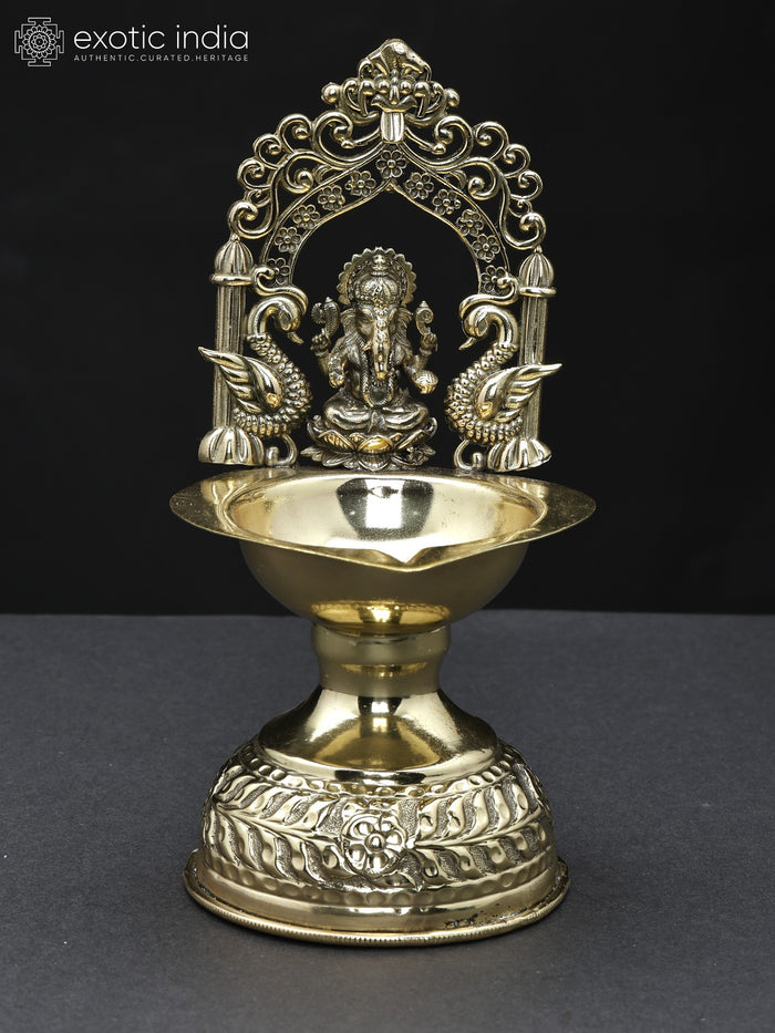 7" Brass Lord Ganesha Diya Lamp with Kirtimukha Arch