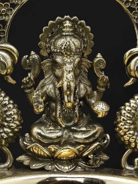 7" Superfine Lord Ganesha Diya (Lamp) in Brass with Kirtimukha Arch