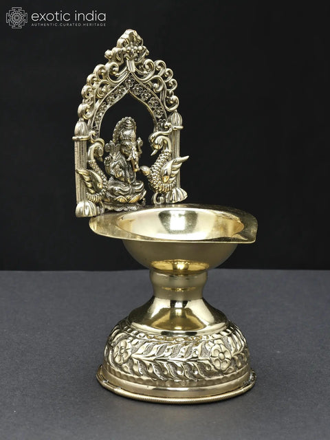 7" Superfine Lord Ganesha Diya (Lamp) in Brass with Kirtimukha Arch