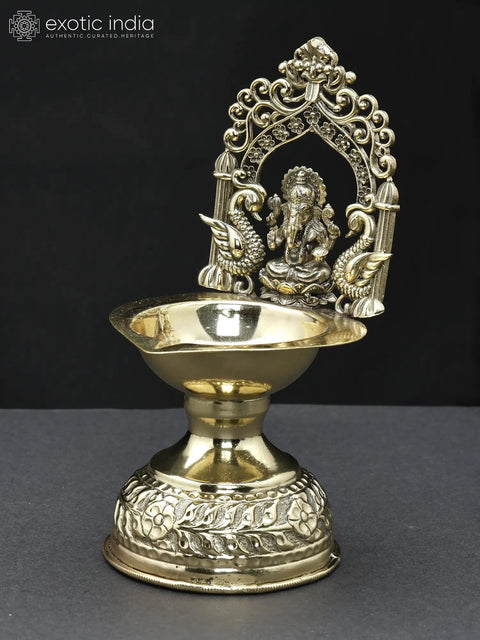 7" Superfine Lord Ganesha Diya (Lamp) in Brass with Kirtimukha Arch