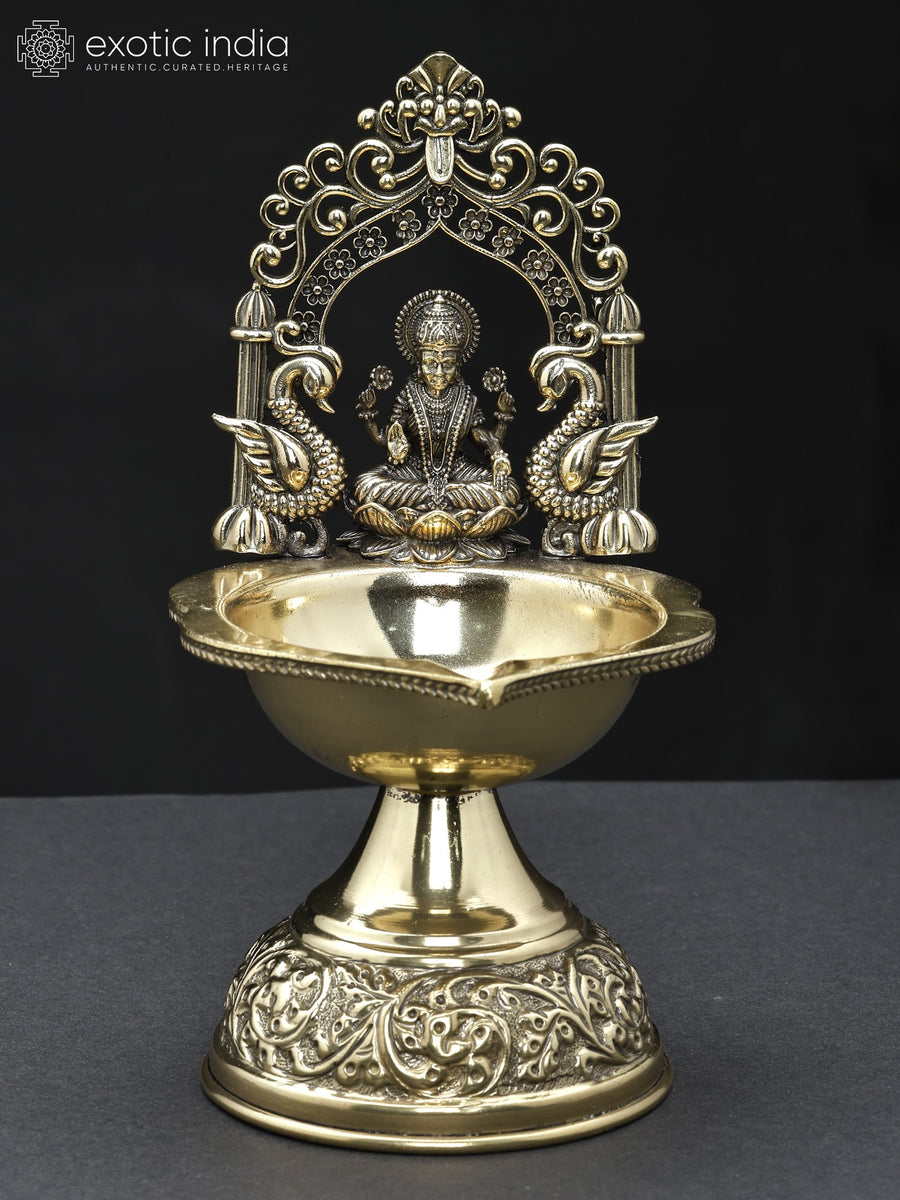 7" Handmade Brass Goddess Lakshmi Diya Lamp with Kirtimukha Arch