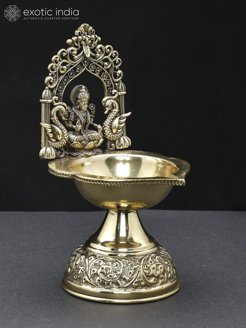 7" Superfine Goddess Lakshmi Diya (Lamp) in Brass with Kirtimukha Arch