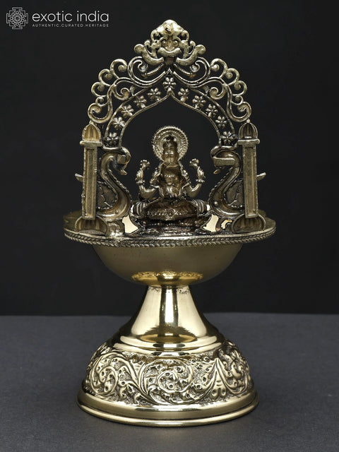 7" Superfine Goddess Lakshmi Diya (Lamp) in Brass with Kirtimukha Arch