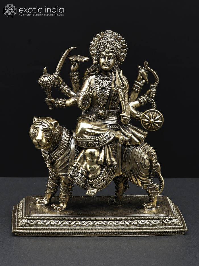 Small Superfine Eight-Armed Goddess Durga (Sherawali Maa) Seated on Lion | Brass Statue