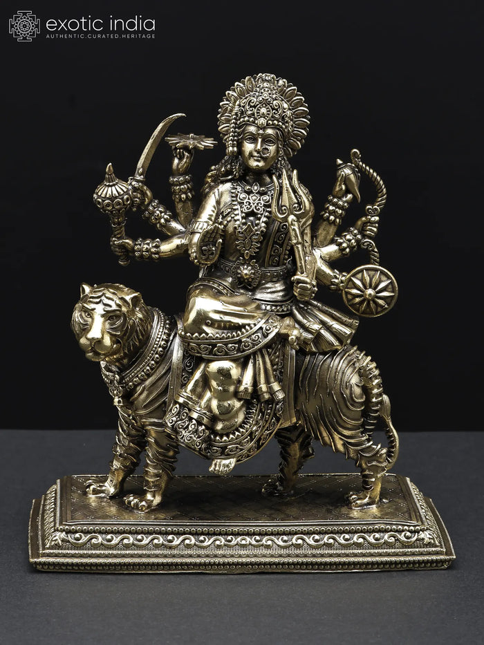 Small Superfine Eight-Armed Goddess Durga Seated on Lion Brass Statue