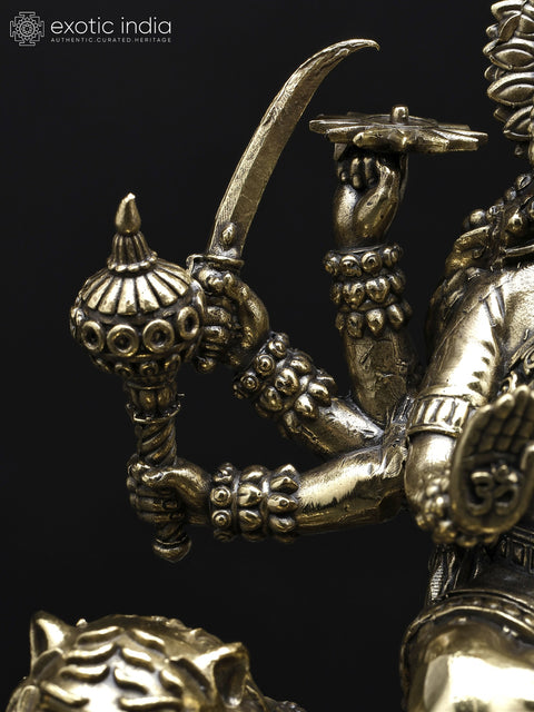 Small Superfine Eight-Armed Goddess Durga (Sherawali Maa) Seated on Lion | Brass Statue