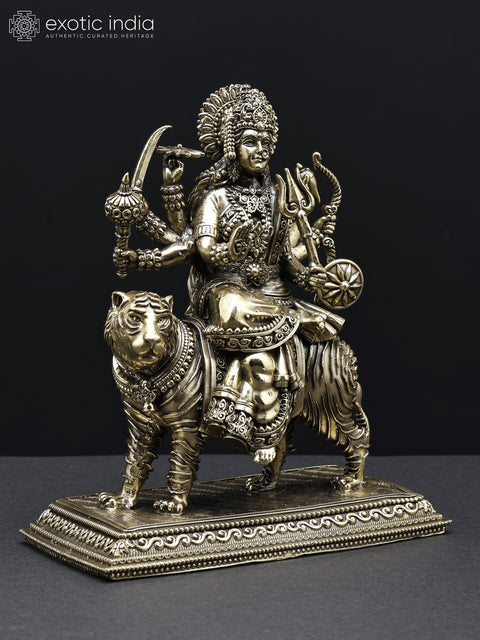 Small Superfine Eight-Armed Goddess Durga (Sherawali Maa) Seated on Lion | Brass Statue