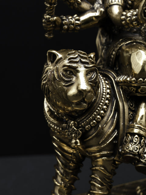 Small Superfine Eight-Armed Goddess Durga (Sherawali Maa) Seated on Lion | Brass Statue