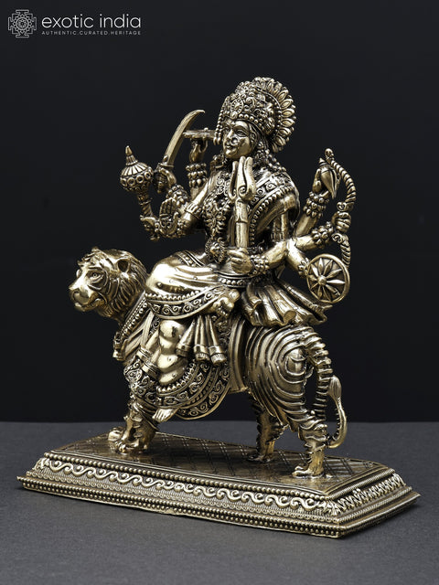 Small Superfine Eight-Armed Goddess Durga (Sherawali Maa) Seated on Lion | Brass Statue