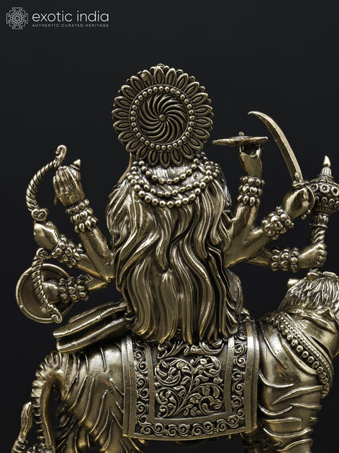 Small Superfine Eight-Armed Goddess Durga (Sherawali Maa) Seated on Lion | Brass Statue